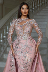 Luxurious Pink High Neck Beaded Embroidery Long Sleeves Detachable Panel Train Prom Evening Dresses With Rhinestone